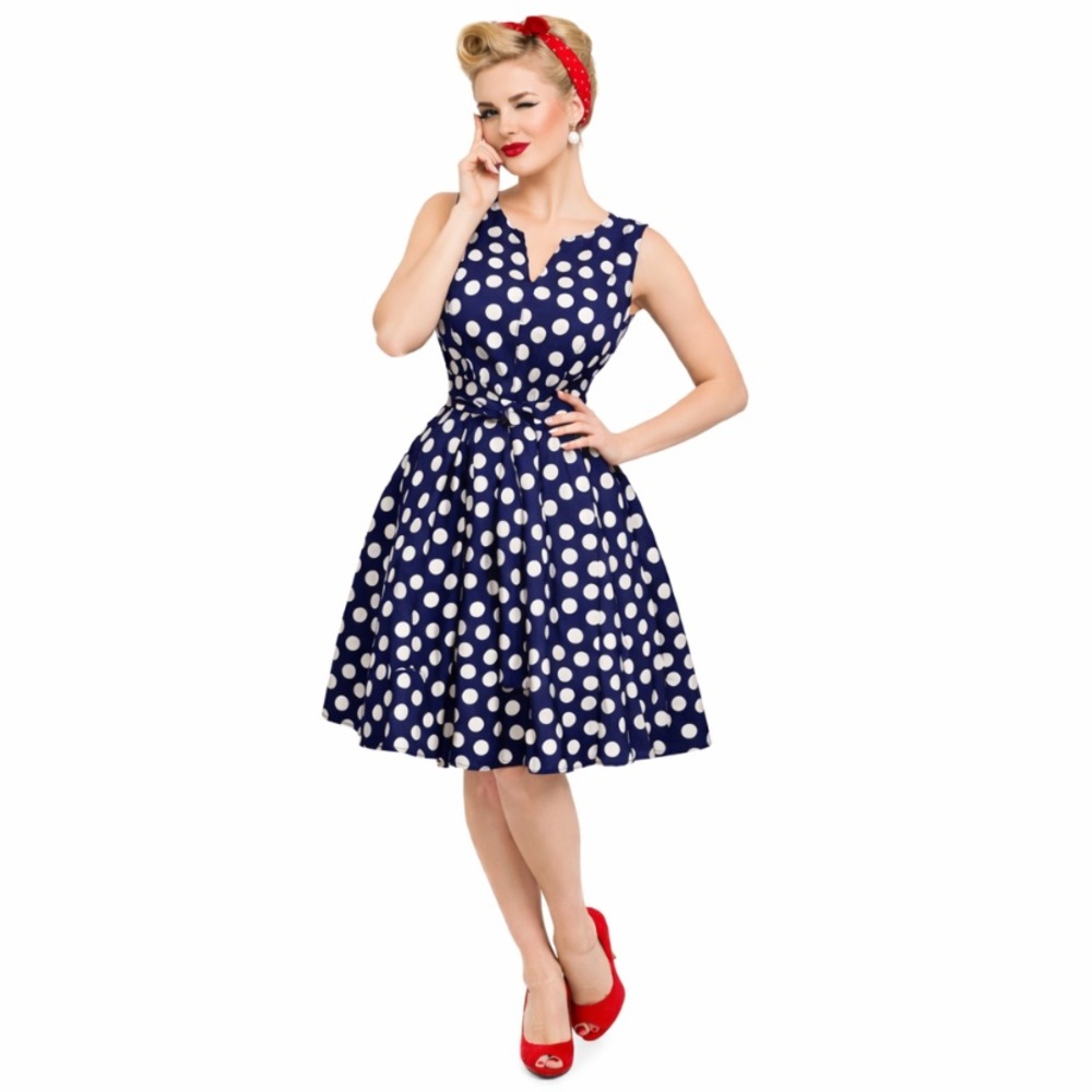 Boden Navy Blue & White Polka Dot Retro Pin Up Sleeveless Midi Dress Size 14R - Picture 3 of 16